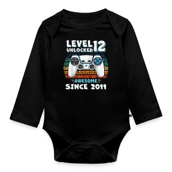12yr BDay Son Boy Funny Gamer 12th 12 Year Old - Organic Longsleeve Baby Bodysuit - black - Front