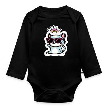 rainbow cat with glasses - Baby Bio-Langarm-Body - Schwarz - Vorne