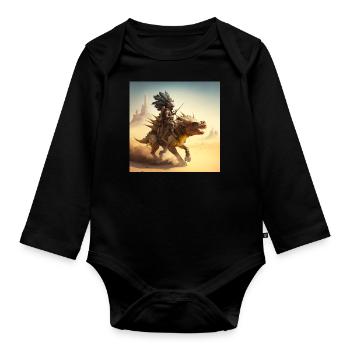 Caveman riding stegosaurus in the desert - Organic Longsleeve Baby Bodysuit - black - Front