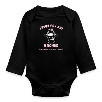 J’peux pas j’ai mes vaches qui m’attendent - Body Bébé bio manches longues - noir - Devant