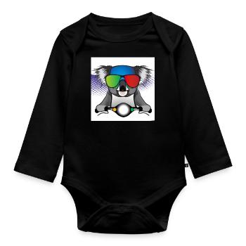 Rollerfahrender Koala mit Bunter Sonnenbrille - Baby Bio-Langarm-Body - Schwarz - Vorne