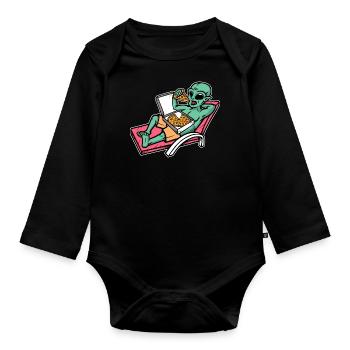Alien eating pizza - Organic Longsleeve Baby Bodysuit - black - Front