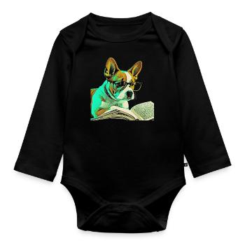 Pup Art: Der lesende Hund mit Brille Pop Art Style - Baby Bio-Langarm-Body - Schwarz - Vorne