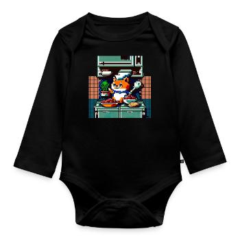cooking cat in 8 bit as a chef in the kitchen - Organic Longsleeve Baby Bodysuit - black - Front