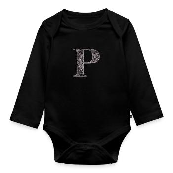 Mandala Monogram Initial in Dusky Pink - Letter P - Organic Longsleeve Baby Bodysuit - black - Front
