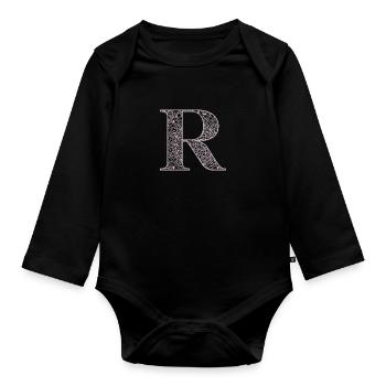 Mandala Monogram Initial in Dusky Pink - Letter R - Organic Longsleeve Baby Bodysuit - black - Front