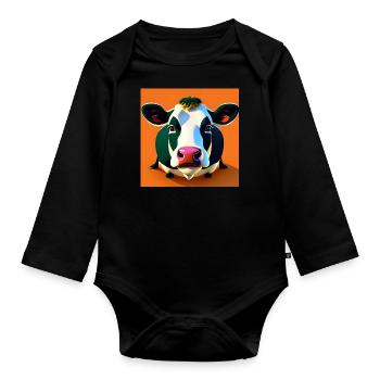 Vache noire et blanche sur fond orange - Body Bébé bio manches longues - noir - Devant