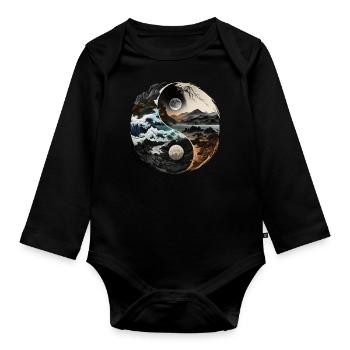Ying et Yang Nature Design Montagnes Vagues de la goutte de mer - Body Bébé bio manches longues - noir - Devant