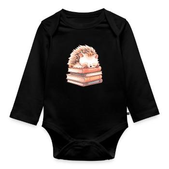 Cute hedgehog sleeping on books - Organic Longsleeve Baby Bodysuit - black - Front