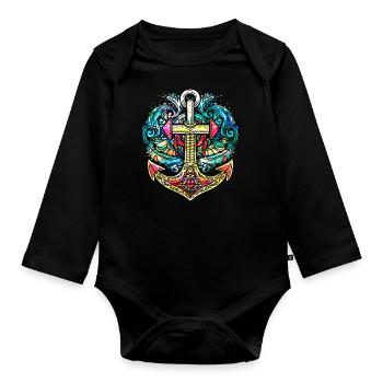 Ancre, Rétro, Mer, Maritime, Style Tatouage, Symbole - Body Bébé bio manches longues - noir - Devant