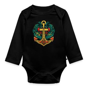 Ancre, Rétro, Mer, Maritime, Style Tatouage, Symbole - Body Bébé bio manches longues - noir - Devant