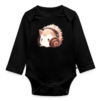 Niedlicher Igel mit Kopfhörern - Baby Bio-Langarm-Body - Schwarz - Vorne