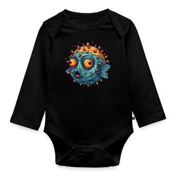 Funny puffer fish with spines that squints humor - Organic Longsleeve Baby Bodysuit - black - Front