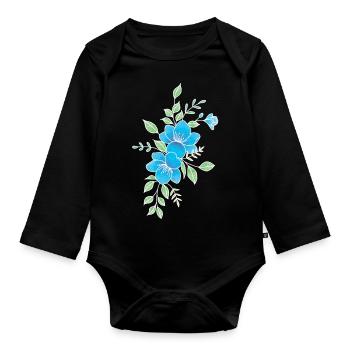 Fleur bleu et blanche - Body Bébé bio manches longues - noir - Devant