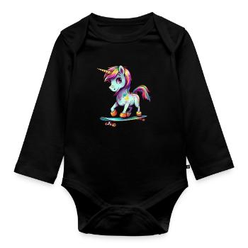 Unicorn on a skateboard - Organic Longsleeve Baby Bodysuit - black - Front