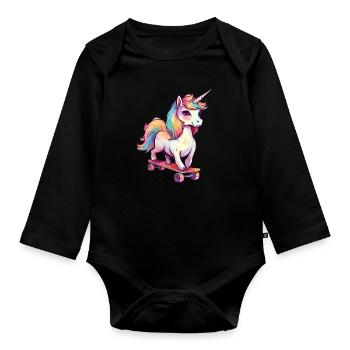 Unicorn on a skateboard - Organic Longsleeve Baby Bodysuit - black - Front