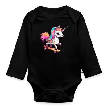 Unicorn on a skateboard - Organic Longsleeve Baby Bodysuit - black - Front