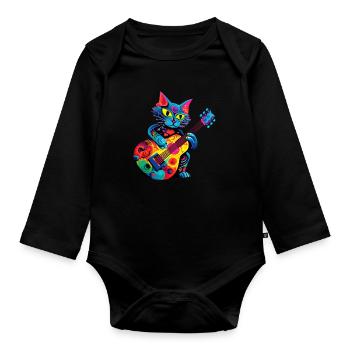 Katze spielt Gitarre - Baby Bio-Langarm-Body - Schwarz - Vorne