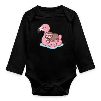 Chilling Flamingo Faultier Strand T-Shirt - Baby Bio-Langarm-Body - Schwarz - Vorne