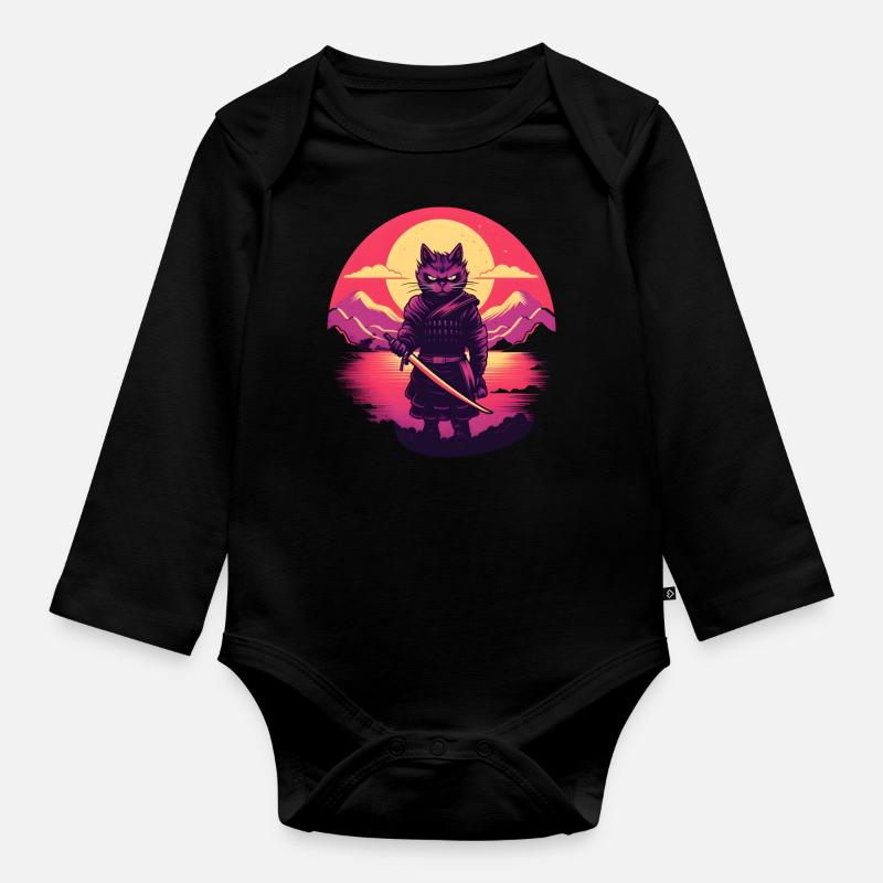 Synthwave samurai Cat - Baby Bio-Langarm-Body - Schwarz