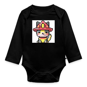 Katze Feuerwehr, Uniform, Pixelart - Baby Bio-Langarm-Body - Schwarz - Vorne