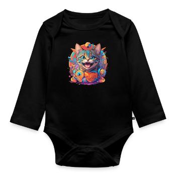 Happy laughing cat - Organic Longsleeve Baby Bodysuit - black - Front
