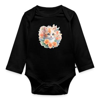 Babykatze in den Blumen - Baby Bio-Langarm-Body - Schwarz - Vorne