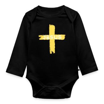 Jesus cross yellow - Organic Longsleeve Baby Bodysuit - black - Front