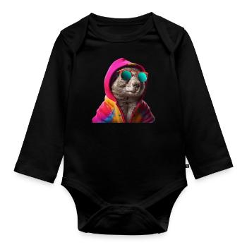 Écureuil avec lunettes de soleil Animaux colorés et cool de la forêt - Body Bébé bio manches longues - noir - Devant