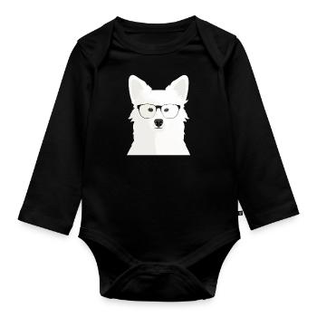 Cleverer Weisser Schäferhund mit Brille - Baby Bio-Langarm-Body - Schwarz - Vorne