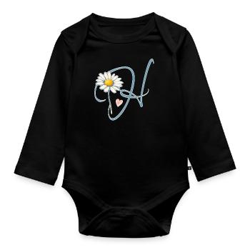 Letter H Daisy Heart - Organic Longsleeve Baby Bodysuit - black - Front