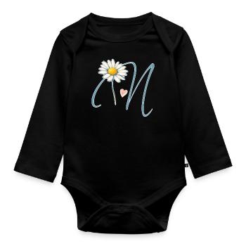 Letter N Daisy Heart - Organic Longsleeve Baby Bodysuit - black - Front