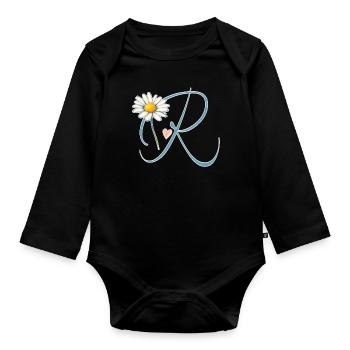Buchstabe R Gänseblümchen Herz - Baby Bio-Langarm-Body - Schwarz - Vorne