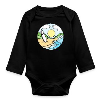 Surf, Plage, Planche de surf, Mer, Surfeur, Vague, Soleil - Body Bébé bio manches longues - noir - Devant