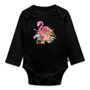 Flamingo Floral design T Shirt - Organic Longsleeve Baby Bodysuit - black - Front