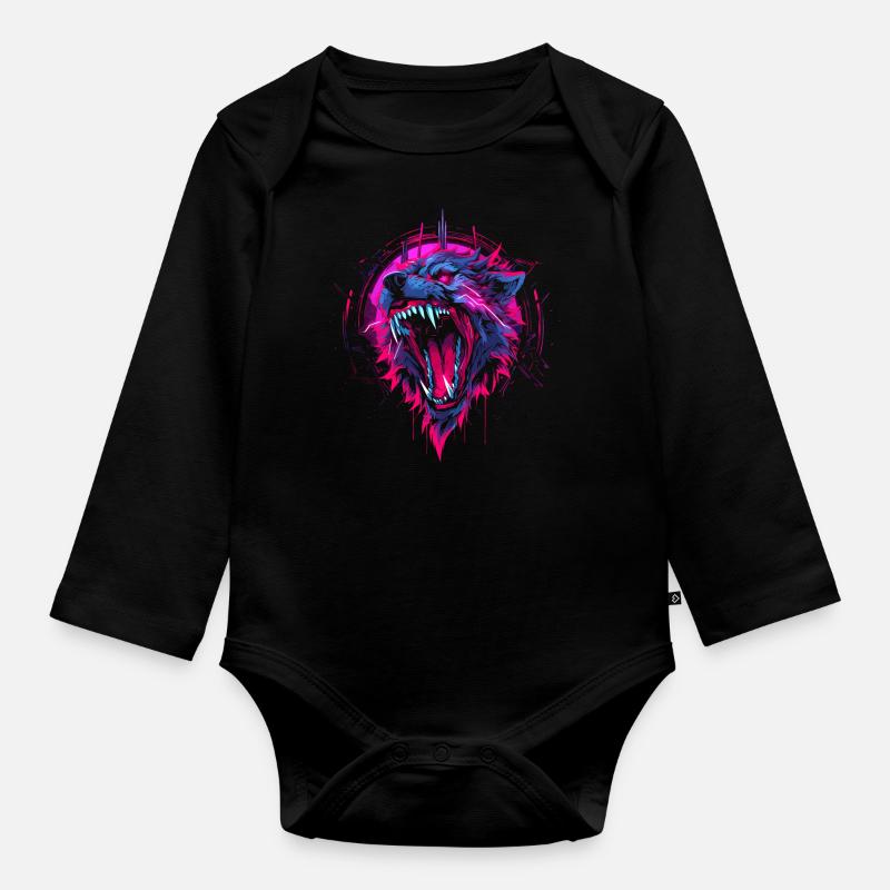 Synthwave Wolf - Baby Bio-Langarm-Body - Schwarz