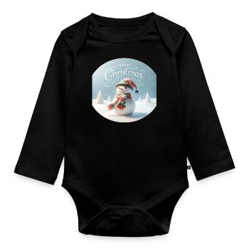 Schneemann mit der Aufschrift "Frohe Weihnachten" - Baby Bio-Langarm-Body - Schwarz - Vorne