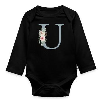 U| Monogramme | Eucalyptus Pastel Fleur Bleu - Body Bébé bio manches longues - noir - Devant