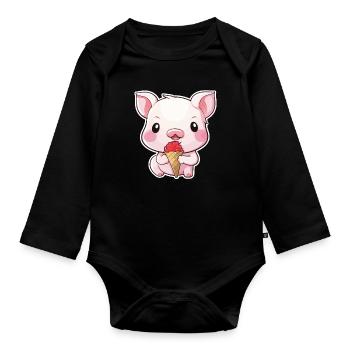 Very Cute Pig Eating Ice Cream - Baby Bio-Langarm-Body - Schwarz - Vorne