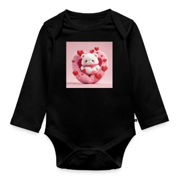 Weißer Teddybär in einem flauschigen Herz, rote Herzen drumherum - Baby Bio-Langarm-Body - Schwarz - Vorne