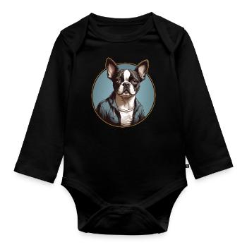 Boston Terrier Portrait Bostie Portrait - Baby Bio-Langarm-Body - Schwarz - Vorne
