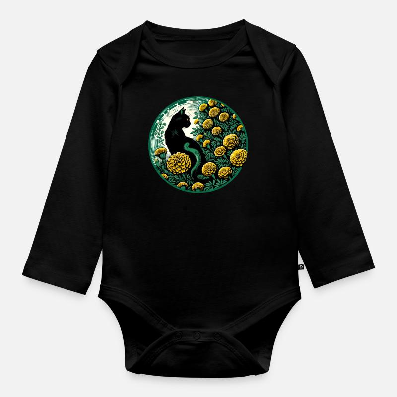 Schwarze Katze Ringelblume - Baby Bio-Langarm-Body - Schwarz