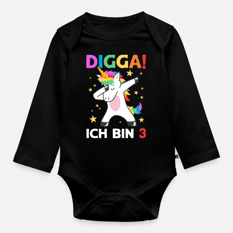 Digga Ich Bin 3 Jahre 3. Geburtstag Einhorn - Baby Bio-Langarm-Body - Schwarz