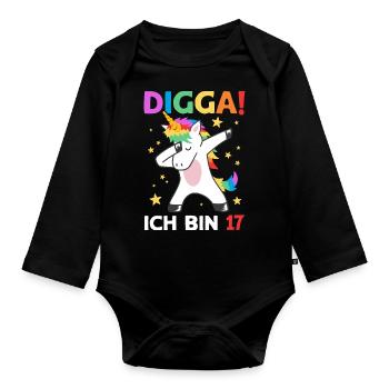 Digga Ich Bin 17 Jahre 17. Geburtstag Einhorn - Baby Bio-Langarm-Body - Schwarz - Vorne