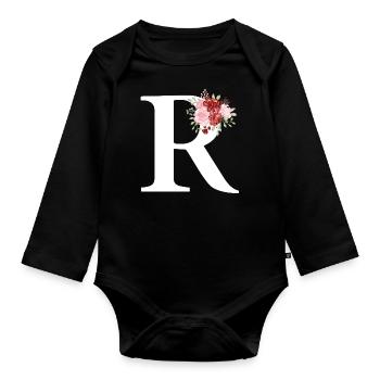 Red Floral Letter R - Organic Longsleeve Baby Bodysuit - black - Front