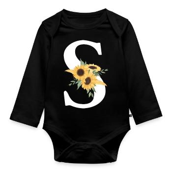 Sunflower Floral S Letter - Organic Longsleeve Baby Bodysuit - black - Front