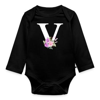 Lila floraler V-Buchstabe - Baby Bio-Langarm-Body - Schwarz - Vorne