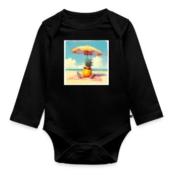 Funny pineapple sunbathing on the beach under an umbrella - Organic Longsleeve Baby Bodysuit - black - Front