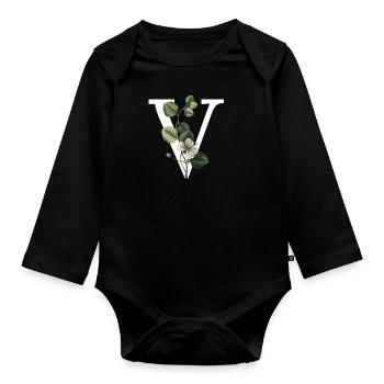 Grüner botanischer Buchstabe V - Baby Bio-Langarm-Body - Schwarz - Vorne