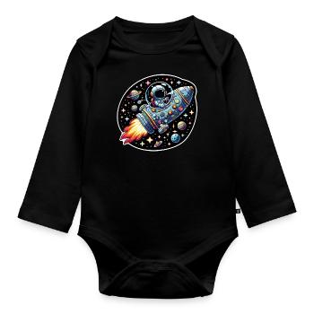 Kleiner glücklicher Astronaut im Raumschiff - Baby Bio-Langarm-Body - Schwarz - Vorne